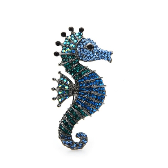 Jewelry - Blue & Green Crystal Studded Seahorse Brooch - 2.40 x 1.18 in